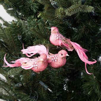 Набор из 3-х ёлочных игрушек Set Of 3 Jewel Sequin Birds On Clip Pink 18 cm