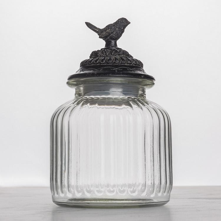 Стеклянная банка с птичкой на крышке Glass Jar Round With Cork Metal Bird