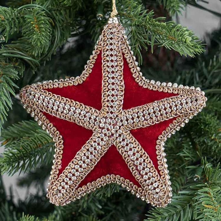 Velvet Star With Ornament Red 12 cm