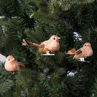 Набор из 3-х ёлочных игрушек Set Of 3 Glitter Birds On Clip Pink/Brown 9 cm